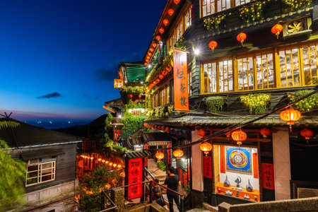 Jiufen, Taiwan 07 August 2022: Small village in jiufen of taiwan at nightのeditorial素材
