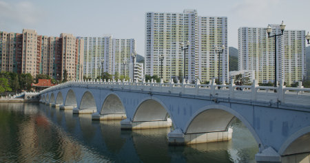 Sha Tin, Hong Kong 14 March 2021: Shing Mun River Channel and hong kong residential buildingの写真素材