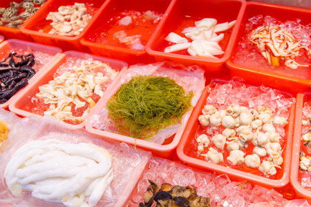 Food ingredient selling in wet marketの写真素材