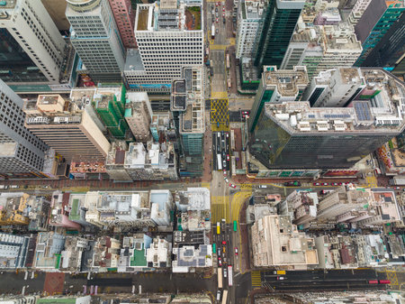 Mong Kok, Hong Kong 16 January 2022: Drone fly over of the Hong Kong cityのeditorial素材