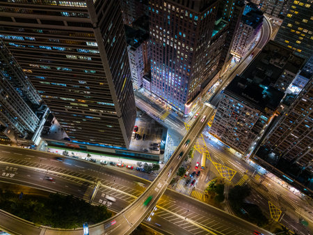 Sheung Wan, Hong Kong 11 November 2021: Top down view of Hong Kong city at nightのeditorial素材