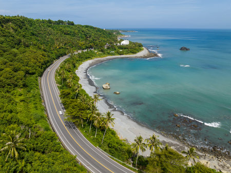 Aerial view of the sea coast in Taitung of Taiwanの写真素材