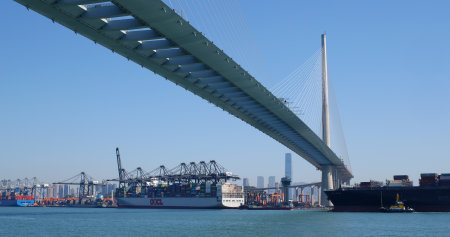 Kwai Tsing, Hong Kong 29 November 2019: Kwai Tsing Container Terminals and Ting Kau bridgeのeditorial素材