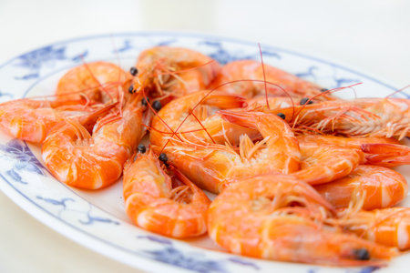 Boiled shrimp on the dishの写真素材