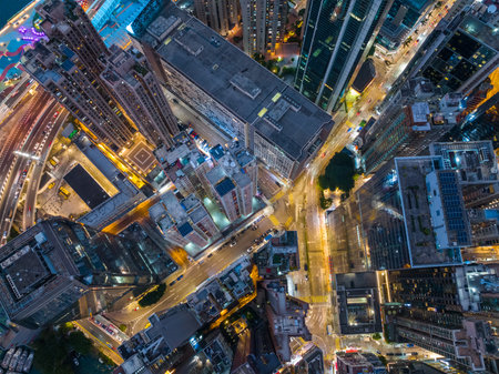 Causeway Bay, Hong Kong 29 January 2022: Drone fly over Hong Kong city at nightのeditorial素材