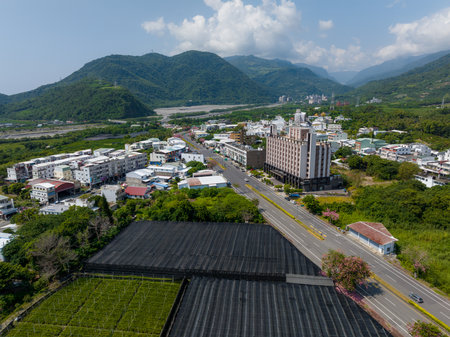 Aerial of Taitung Jhihben city in countrysideのeditorial素材