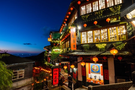 Jiufen, Taiwan 07 August 2022: Famous Chinese restaurant in jiufen of taiwan in the eveningのeditorial素材