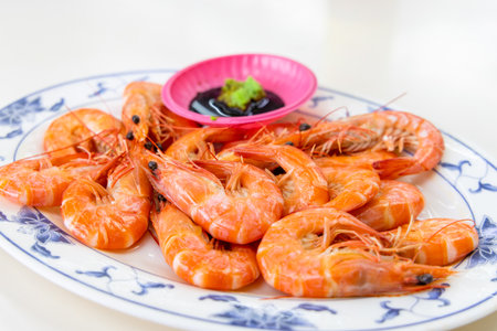 Fresh cooked shrimp dish in restaurantの写真素材