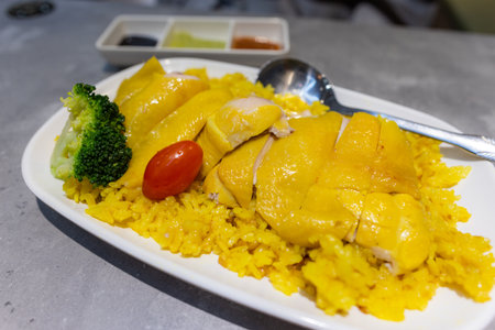 Hainanese chicken rice dish in restaurantの写真素材
