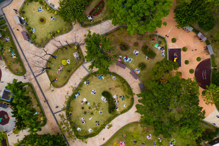 Kowloon City, Hong Kong 28 February 2021: Top down view of graden park in Hong Kongのeditorial素材