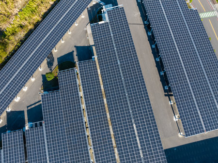 Top down view of solar panel on the roof topの写真素材
