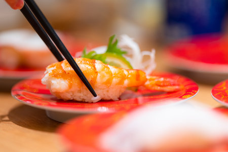 Shrimp sushi dish in Japanese restaurantの写真素材
