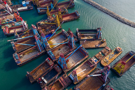 Kowloon west, Hong Kong 15 May 2020: Top view of crane ship