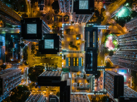 Top view of Public house building in Hong Kong at nightの写真素材
