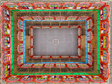 Top down view for row of colorful flower plaqueの写真素材