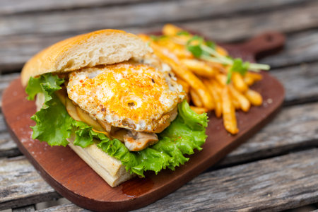 Sandwich with grill egg and french friesの写真素材