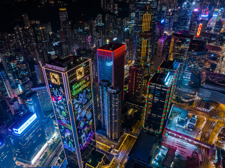 Causeway bay, Hong Kong 25 January 2022: Top view of Hong Kong city at nightのeditorial素材