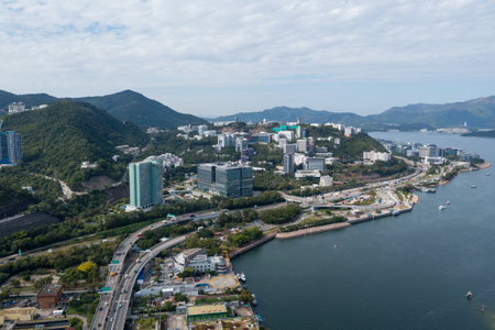 Hong Kong 11 November 2021: Drone fly over the bridge cross the riverのeditorial素材