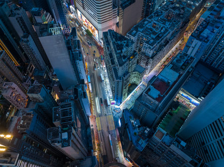 Causeway Bay, Hong Kong 29 January 2022: Drone fly over Hong Kong city at nightのeditorial素材