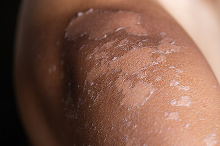 Man suffer from sunburned skin close upの写真素材