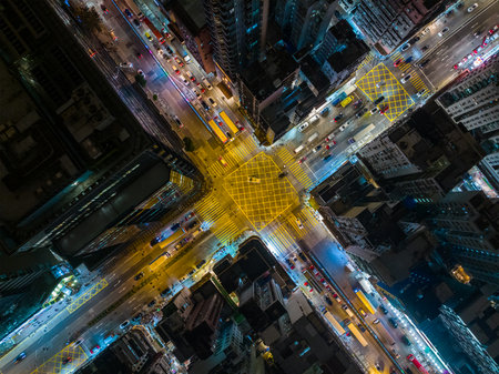 Sham Shui Po, Hong Kong 28 December 2021: Top down view of Hong Kong city with road intersection at...