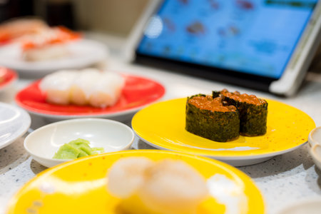 Different dish of the Japanese sushi in conveyor belt sushi shopの写真素材