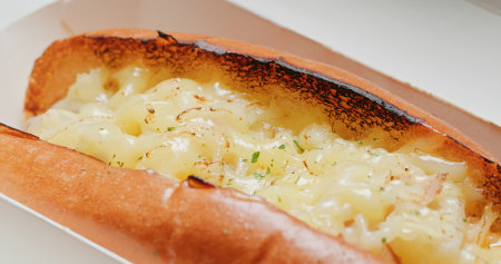 Homemade cheese hot dog close upの写真素材