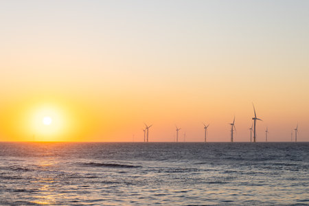 Wind turbine field over the sea in the evening