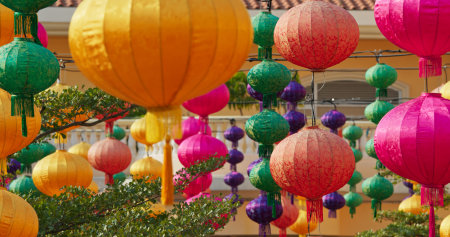 Colorful chinese style lanterns hanging outdoor for Chinese new yearの写真素材