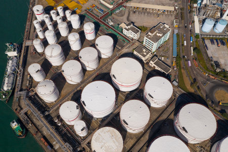 Tsing Yi, Hong Kong 04 December 2019: Top view of Oil Tank in Hong Kongのeditorial素材