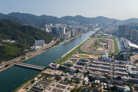 Sha Tin, Hong Kong 10 April 2021: Top view of Sha Tin Sewage treatment plant in Hong Kongのeditorial素材
