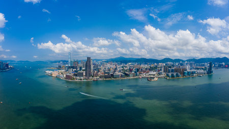 Kowloon, Hong Kong 03 September 2019: Drone fly over Hong Kong city