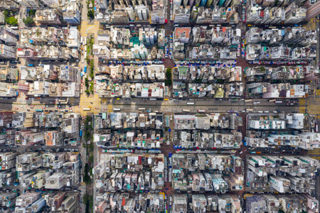 Sham Shui Po, Hong Kong 12 September 2019: Top down view of Hong Kong downtown cityscape