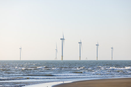 Wind turbine field over the sea in the eveningの写真素材