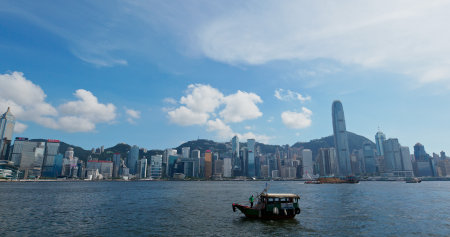 Victoria Harbor, Hong Kong 27 July 2019: Hong Kong city landmarkのeditorial素材