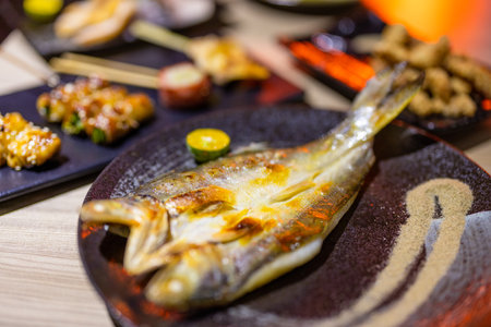 Japanese restaurant with lots of different grilled Skewerの写真素材
