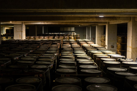 Barrels in warehouse stacked