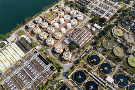 Sha Tin, Hong Kong 10 April 2021: Top view of Sha Tin Sewage treatment plant in Hong Kongのeditorial素材
