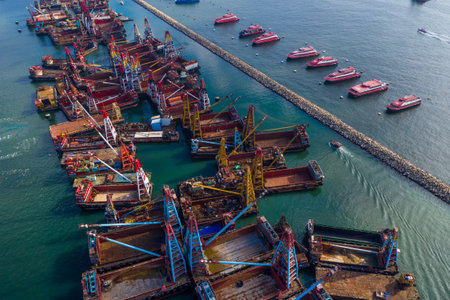 Hong Kong, 15 May 2020: Top view of the crane ship