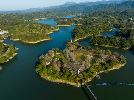 Top view of the Minute reservoir in Miaoli of Taiwanの写真素材