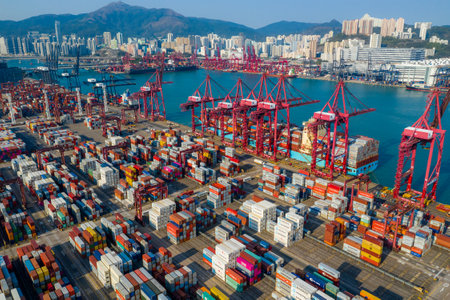 Kwai Tsing, Hong Kong 24 November 2019: Top view of cargo container portのeditorial素材