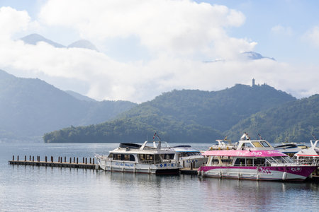 Nantou, Taiwan 04 November 2022: Foggy weather in Sun moon lake jetty pier at Nantou of Taiwanのeditorial素材