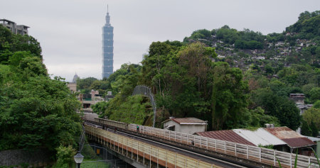 Taipei, Taiwan, 18 April 2022: Metro train track Taipei 101 skyline