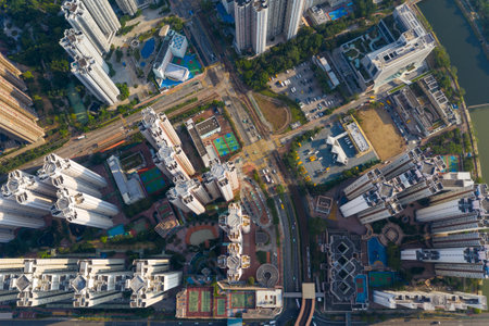 Tin Shui Wai, Hong Kong 04 October 2019: Top view of Hong Kong residential districtのeditorial素材