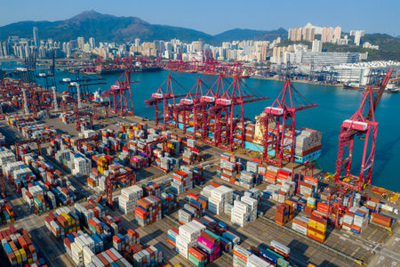 Kwai Tsing, Hong Kong, 21 February 2020: Top view of Hong Kong cargo terminalのeditorial素材