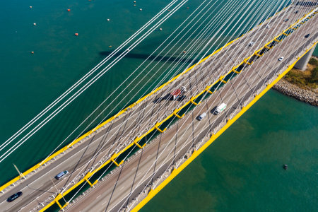 Kwai Tsing, Hong Kong 24 November 2019: Aerial view of Ting Kau bridgeのeditorial素材