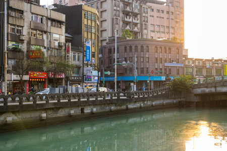 Taiwan 08 March 2023: Keelung city street in Taiwan at sunset