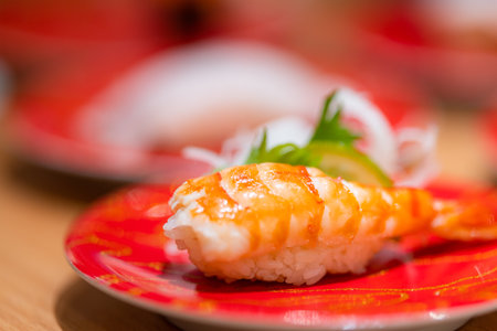 Shrimp sushi dish in Japanese restaurantの写真素材