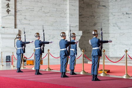 Taipei, Taiwan 17 April 2023: Changing of the honored guards in Chiang Kai shek Memorial Hall in Taipei city of Taiwanのeditorial素材