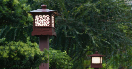 Wooden street lamp in the garden